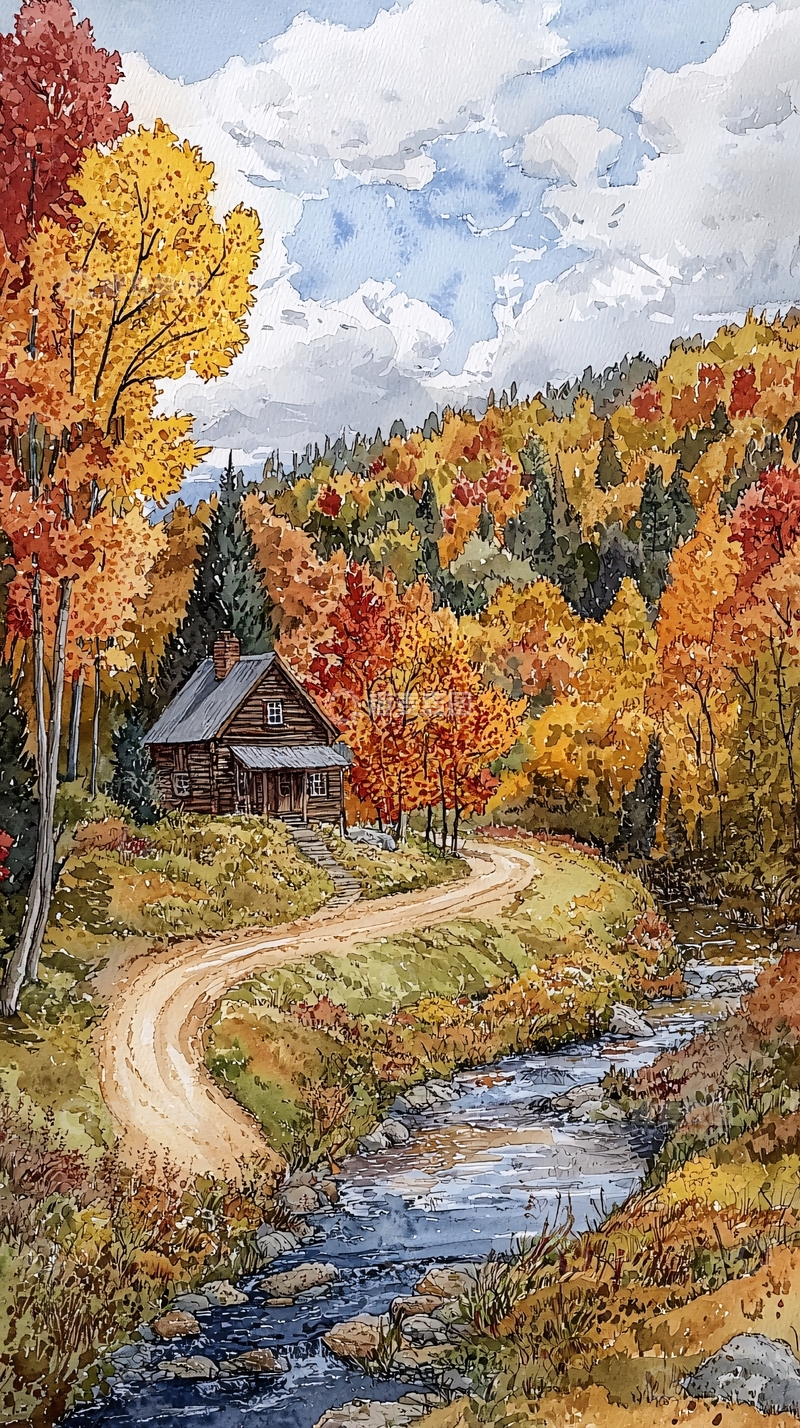 高清大图下载【趣麦麦图】秋日山间小木屋
