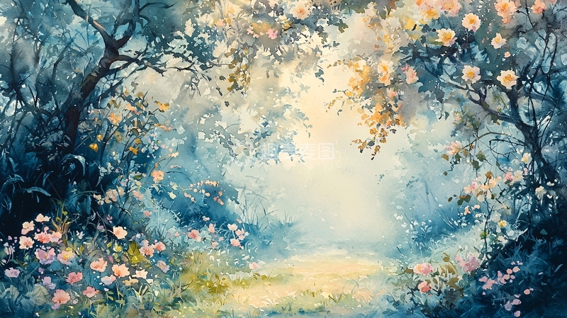 高清大图下载【趣麦麦图】水彩森林小路