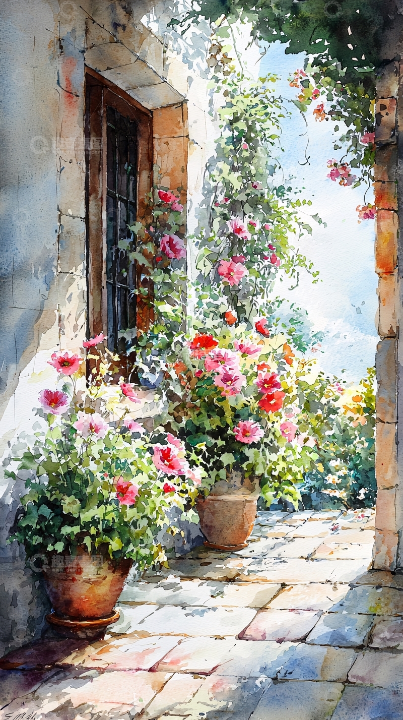 高清大图下载【趣麦麦图】阳光下的花朵与老房子