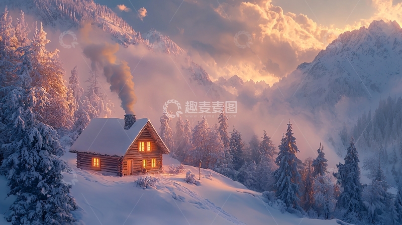 高清大图下载【趣麦麦图】雪山木屋