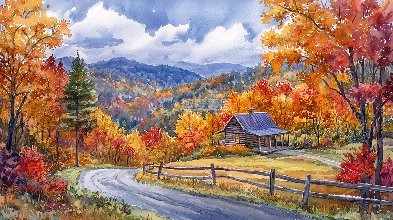 高清大图下载【趣麦麦图】秋日山间小木屋
