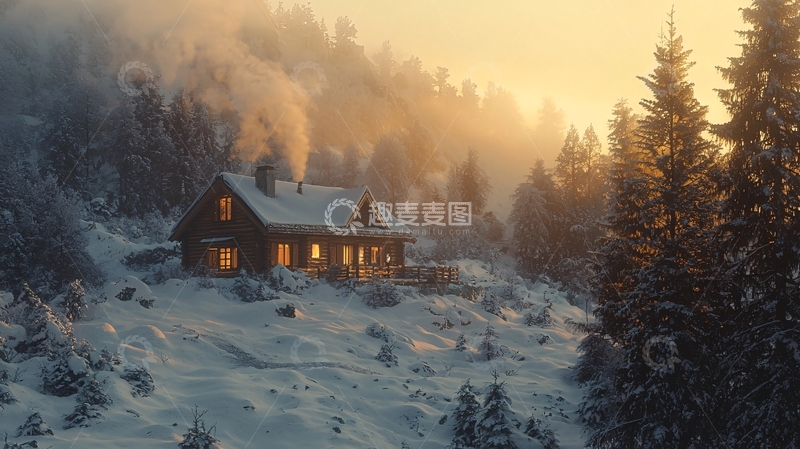 高清大图下载【趣麦麦图】冬日雪山木屋