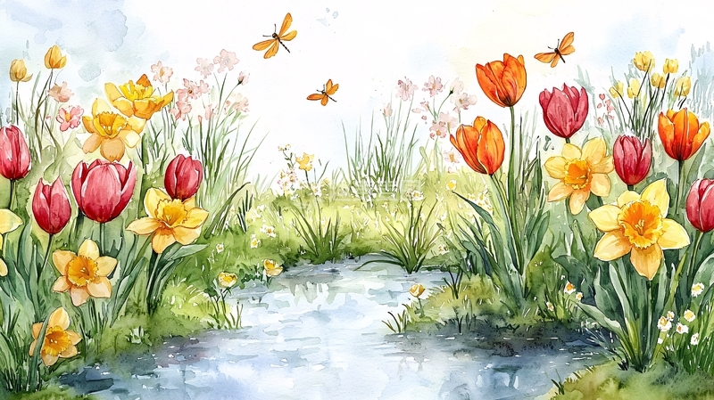 高清大图下载【趣麦麦图】春天小溪旁的郁金香和水仙花