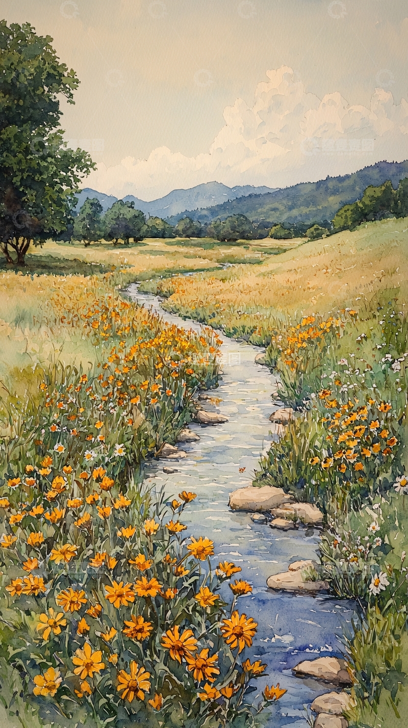 高清大图下载【趣麦麦图】田园小溪金色花海