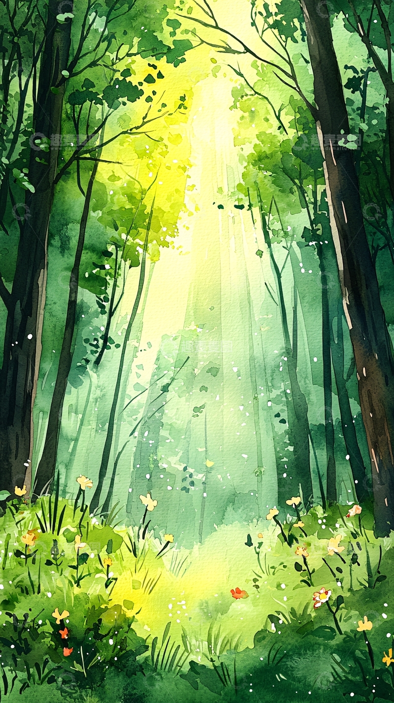 高清大图下载【趣麦麦图】水彩森林阳光