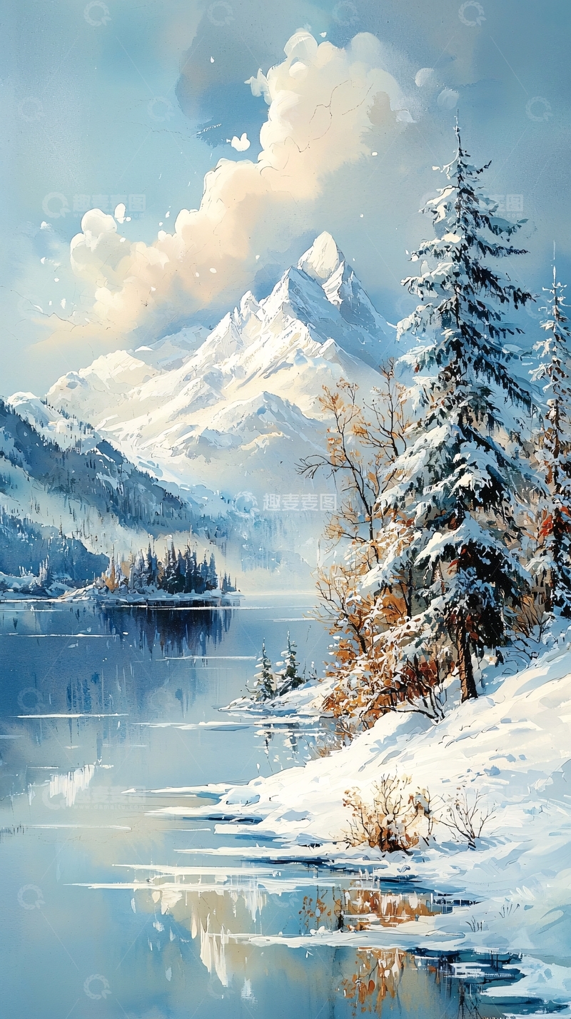 高清大图下载【趣麦麦图】雪山湖泊风景画