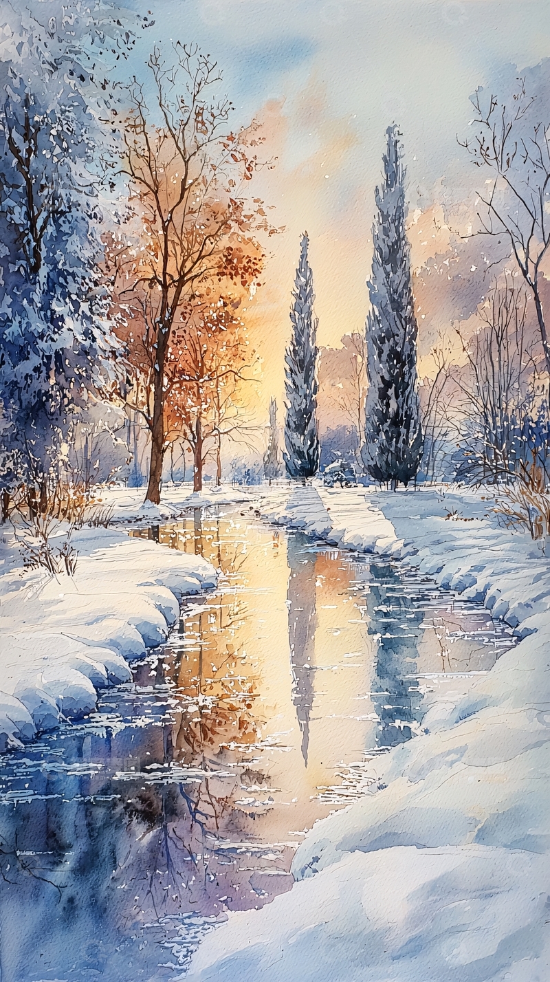 高清大图下载【趣麦麦图】冬日雪景河流风景画