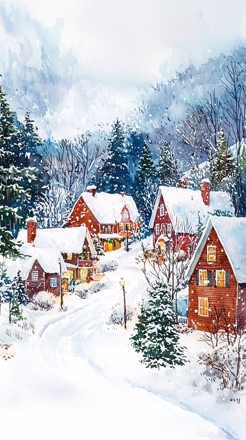 高清大图下载【趣麦麦图】雪中红屋顶村庄