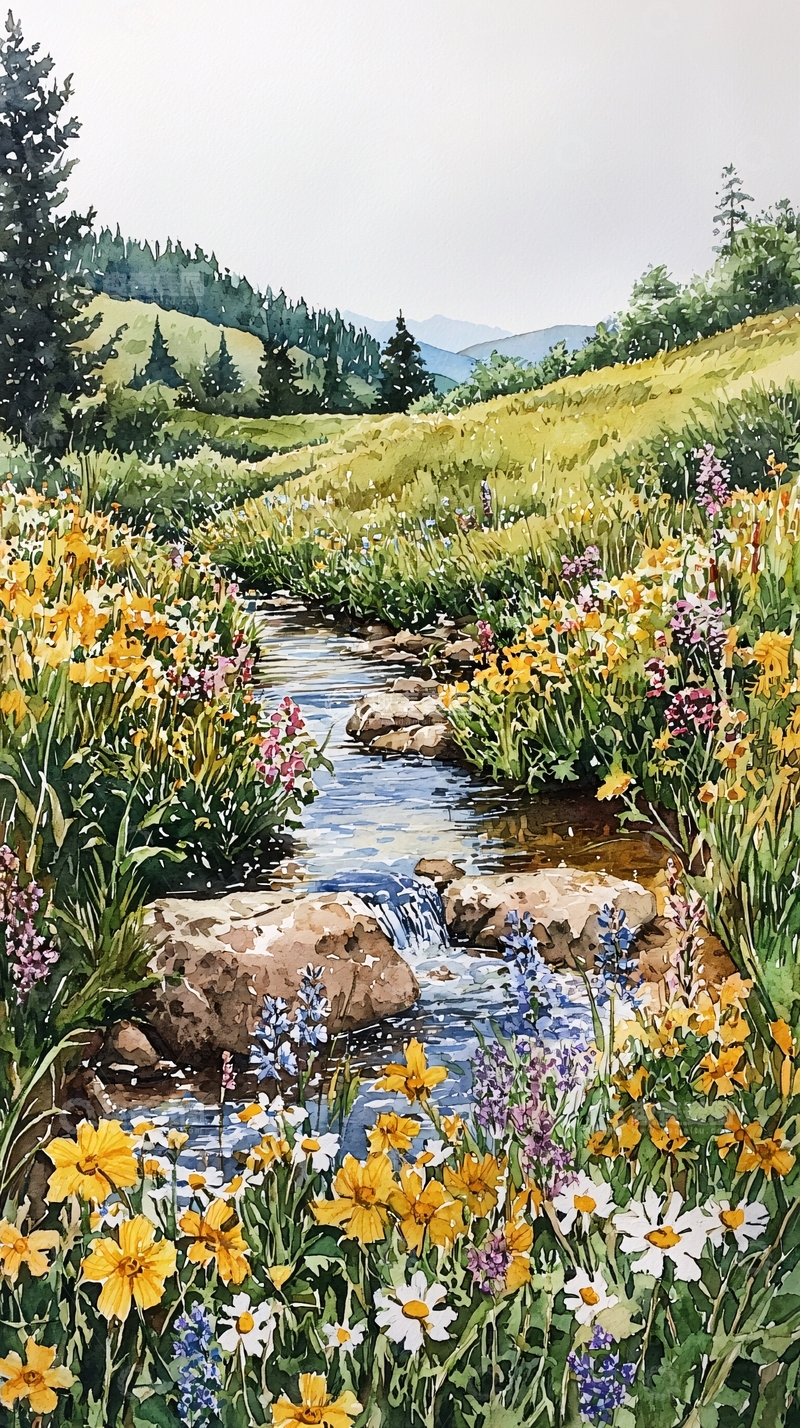 高清大图下载【趣麦麦图】山间溪流野花水彩画