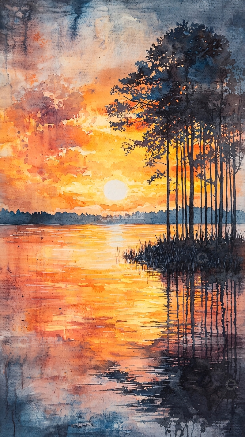 高清大图下载【趣麦麦图】水彩日落湖景