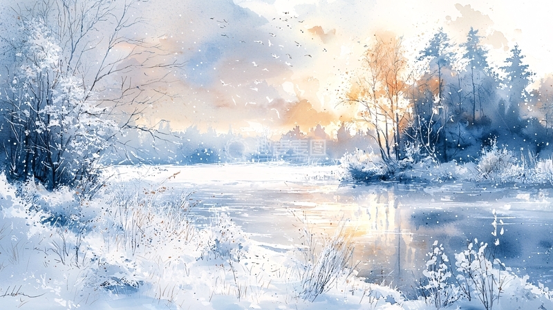 高清大图下载【趣麦麦图】冬日清晨湖边雪景