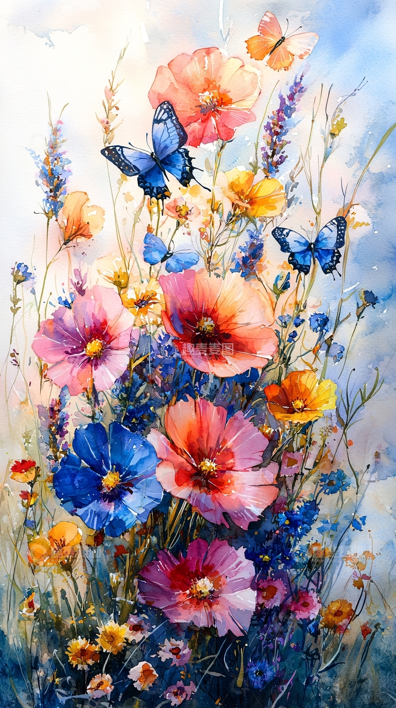 高清大图下载【趣麦麦图】水彩花卉蝴蝶