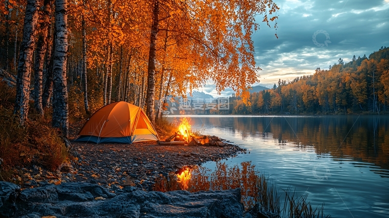 高清大图下载【趣麦麦图】秋日营地篝火湖边