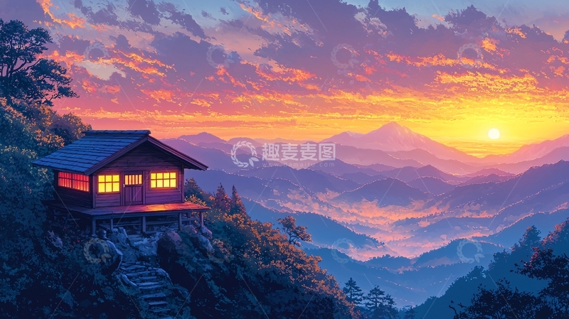 高清大图下载【趣麦麦图】山顶小屋日落美景