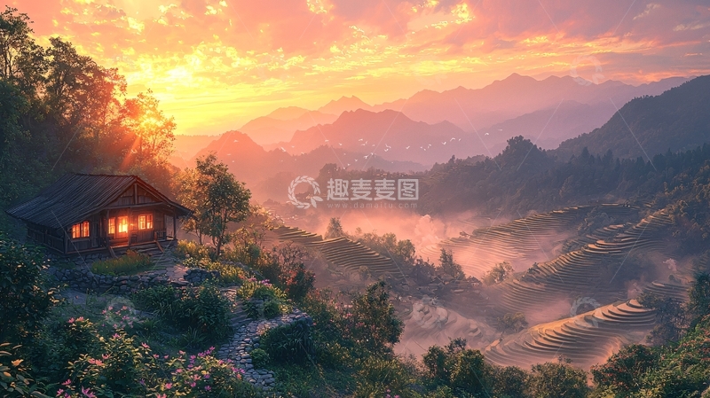 高清大图下载【趣麦麦图】山峦日出木屋