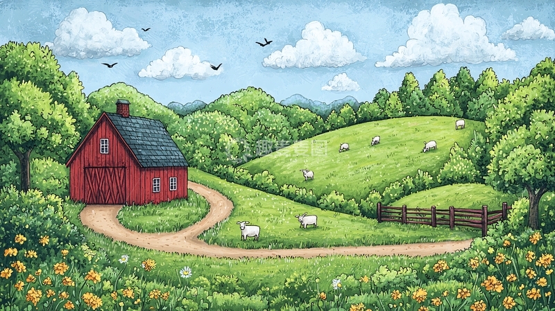 高清大图下载【趣麦麦图】田园风光红房子