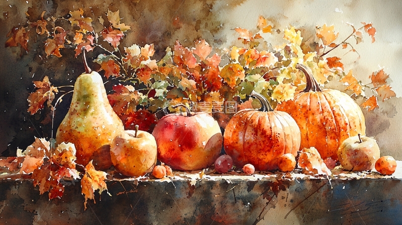 高清大图下载【趣麦麦图】秋日静物水彩画