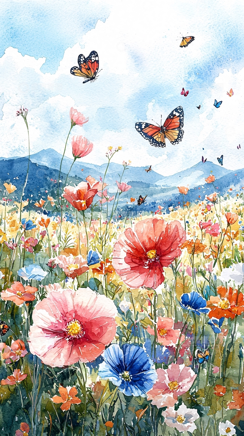 高清大图下载【趣麦麦图】水彩花田蝴蝶