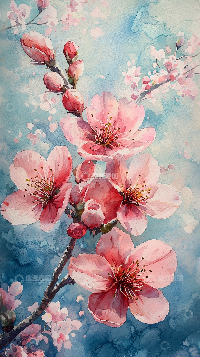 高清大图下载【趣麦麦图】水彩粉红色桃花