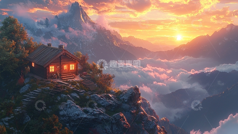 高清大图下载【趣麦麦图】山顶小屋日落美景