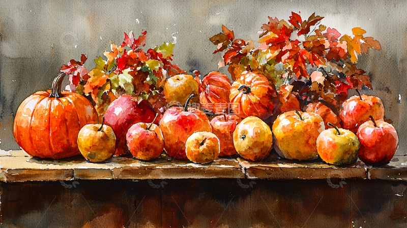 高清大图下载【趣麦麦图】秋日丰收水彩画