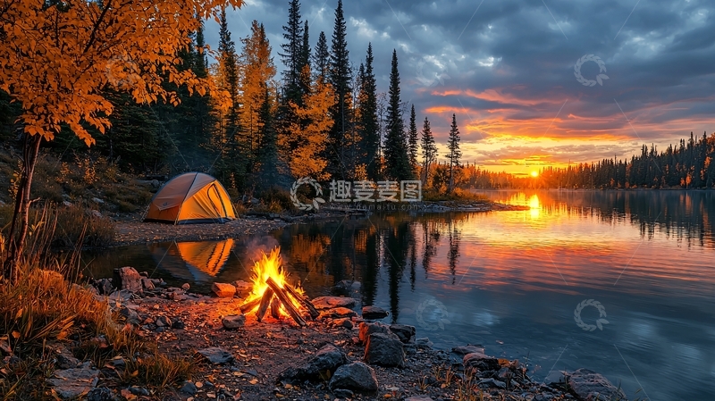 高清大图下载【趣麦麦图】秋日湖边营地篝火
