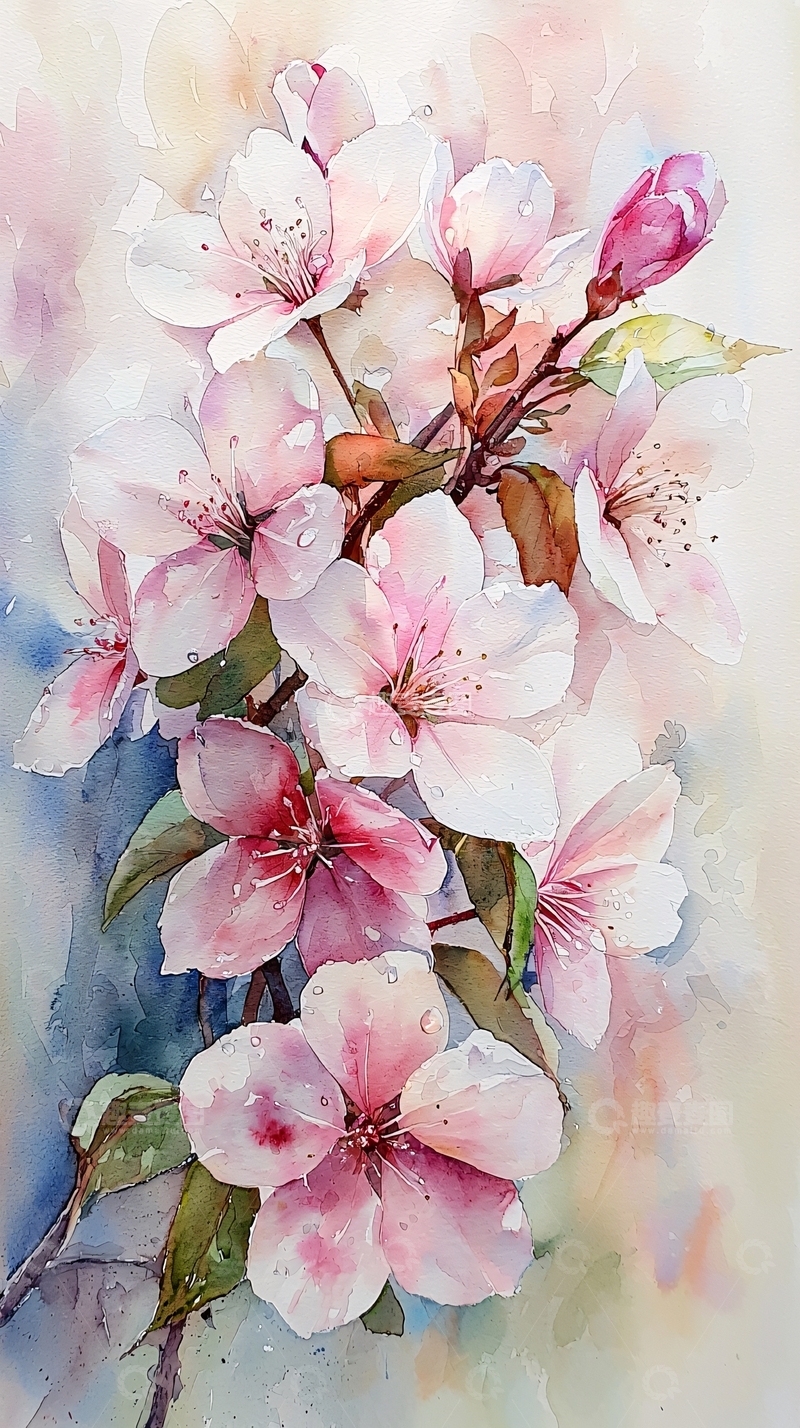 高清大图下载【趣麦麦图】水彩粉红色樱花