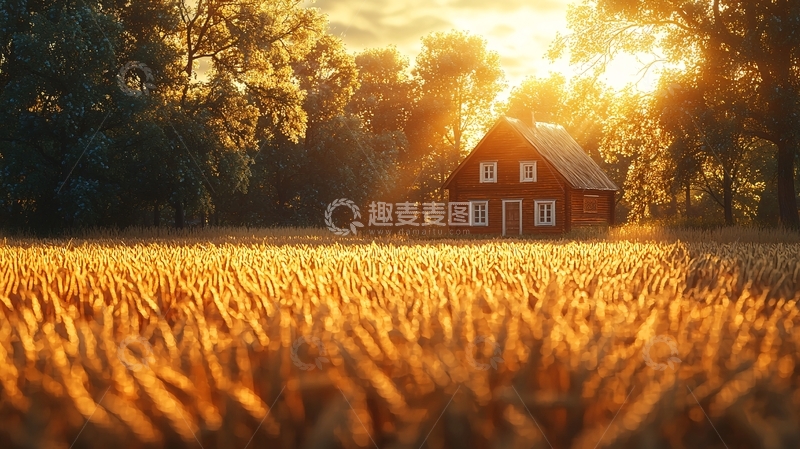 高清大图下载【趣麦麦图】金色麦田里的红色小屋