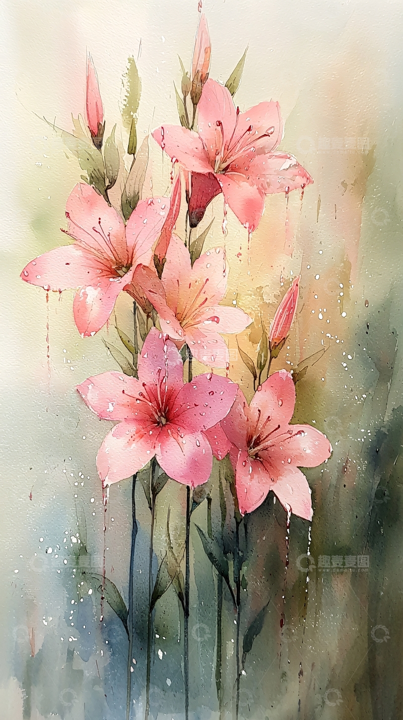 高清大图下载【趣麦麦图】水彩粉百合花雨滴