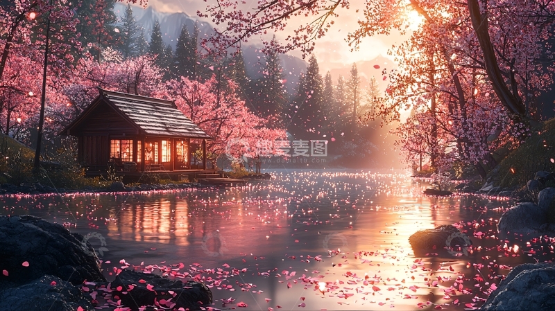 高清大图下载【趣麦麦图】唯美樱花湖边小屋