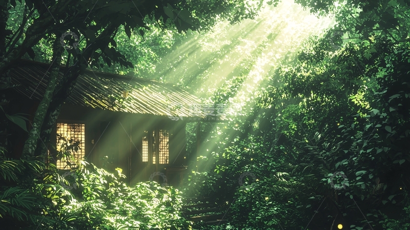 高清大图下载【趣麦麦图】阳光透过树林的小木屋