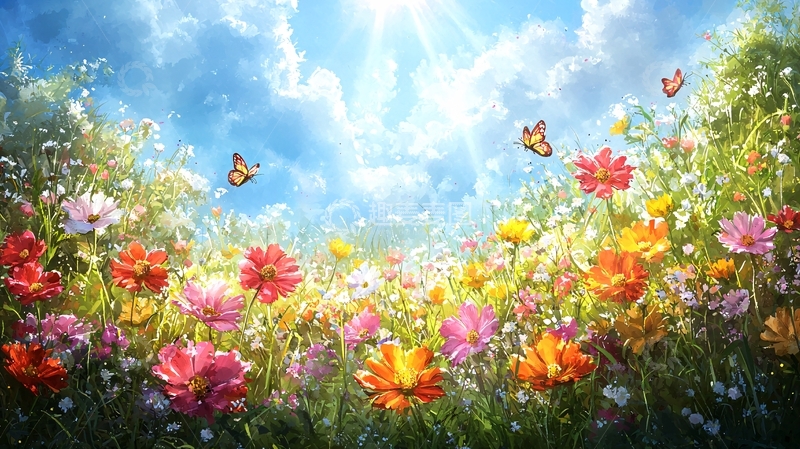 高清大图下载【趣麦麦图】阳光灿烂花海蝴蝶