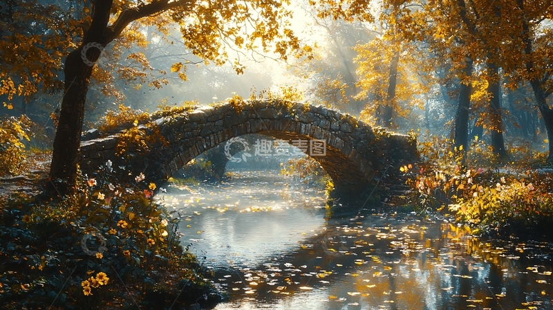 高清大图下载【趣麦麦图】秋日古桥流水