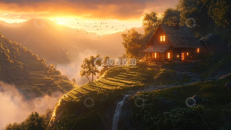 高清大图下载【趣麦麦图】山顶小屋日落美景