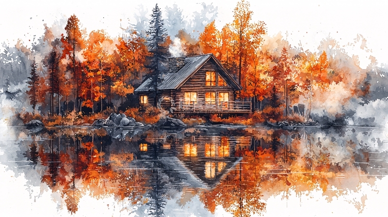 高清大图下载【趣麦麦图】秋日森林小屋倒影
