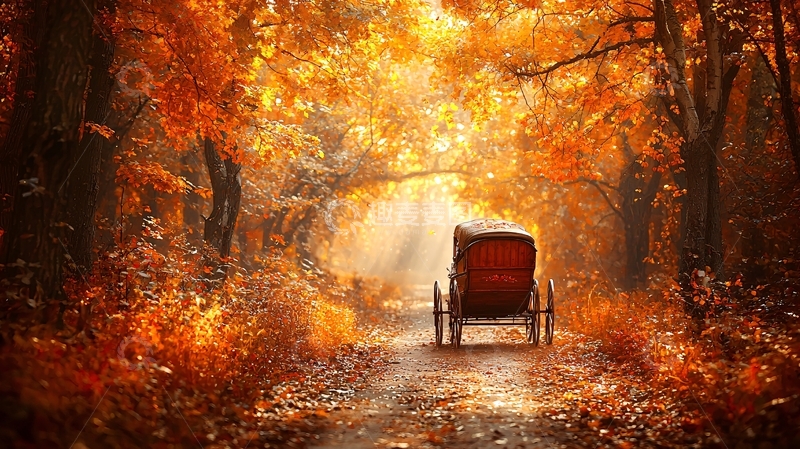 高清大图下载【趣麦麦图】秋日森林小路上的马车