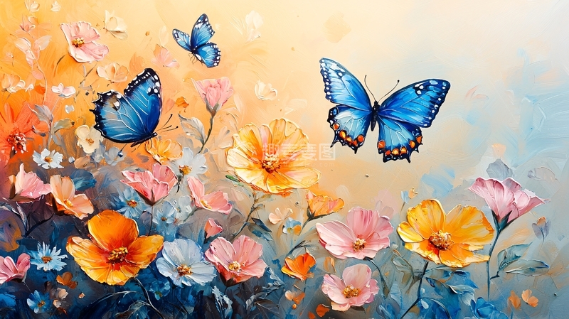 高清大图下载【趣麦麦图】蓝蝴蝶花卉油画