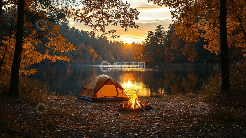 高清大图下载【趣麦麦图】秋日湖边露营篝火
