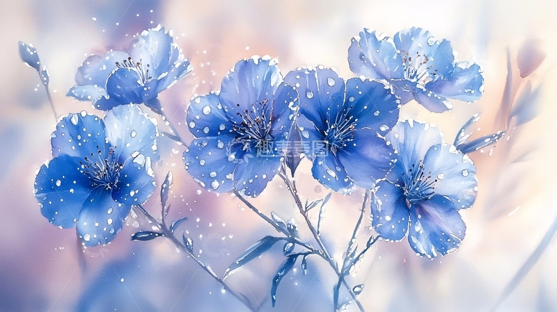 高清大图下载【趣麦麦图】蓝色花朵水彩画