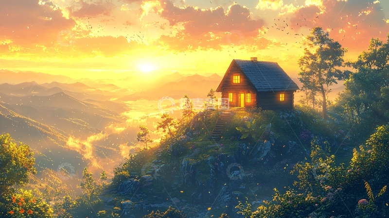 高清大图下载【趣麦麦图】山顶小屋的日落美景