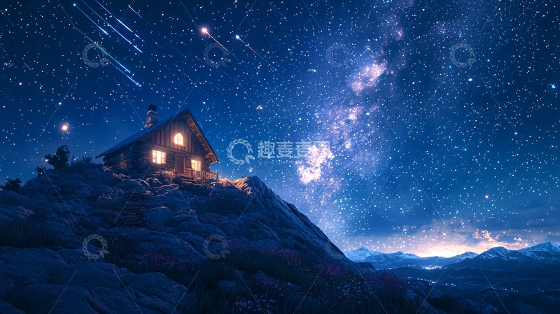 高清大图下载【趣麦麦图】山顶小屋星空夜景