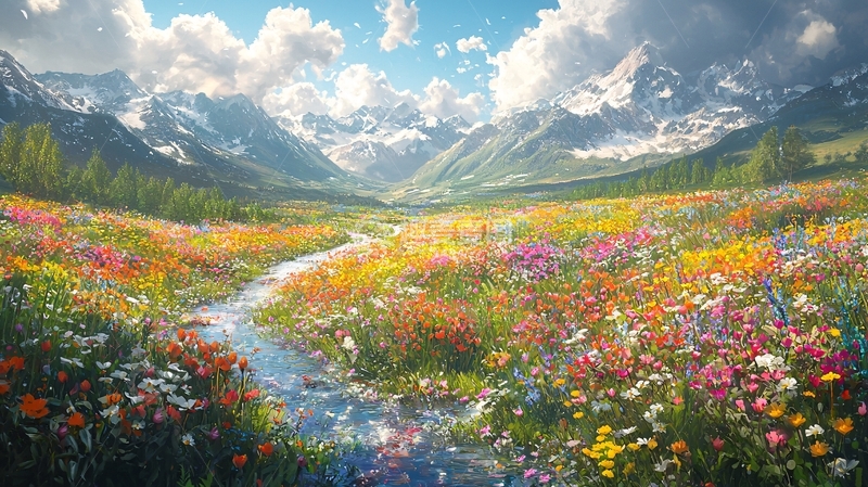 高清大图下载【趣麦麦图】山间溪流鲜花盛开