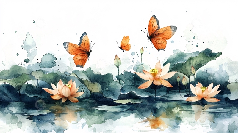 高清大图下载【趣麦麦图】水彩荷花蝴蝶