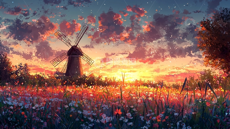 高清大图下载【趣麦麦图】夕阳下田园风车风景画