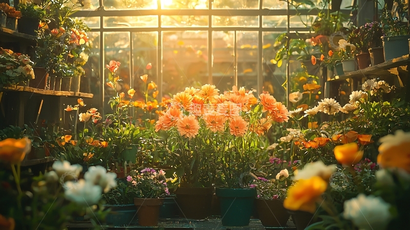 高清大图下载【趣麦麦图】阳光洒进温室花房