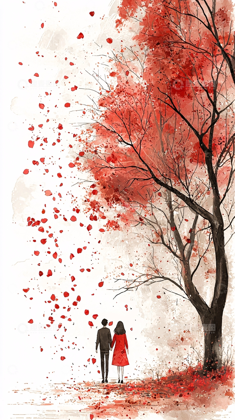 高清大图下载【趣麦麦图】红叶树下相拥的情侣