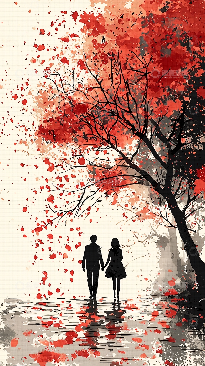 高清大图下载【趣麦麦图】红叶树下情侣漫步