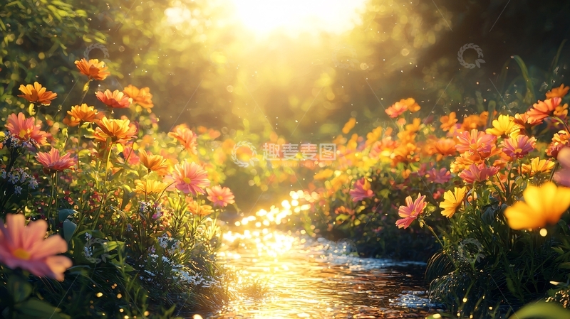 高清大图下载【趣麦麦图】阳光森林小溪鲜花