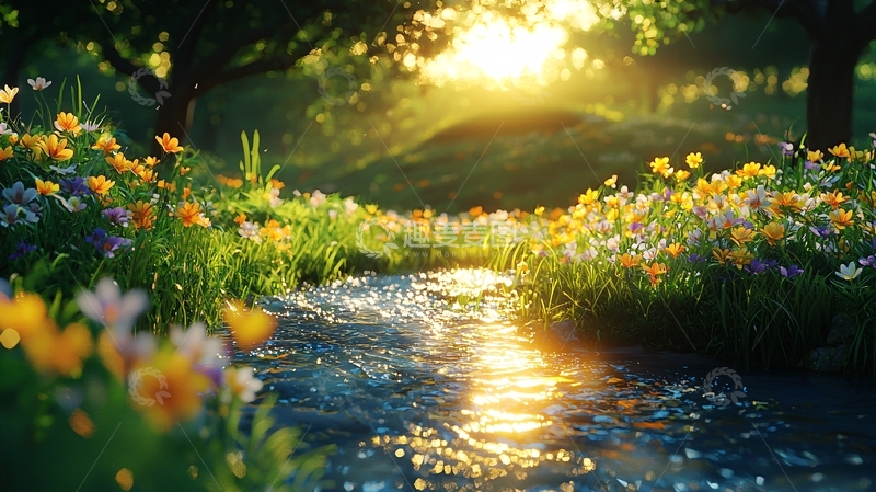 高清大图下载【趣麦麦图】阳光洒在花丛小溪