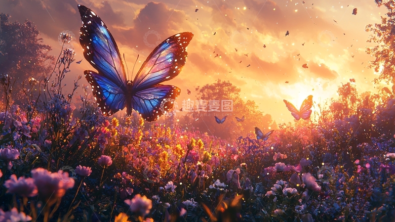 高清大图下载【趣麦麦图】蓝蝴蝶夕阳花海